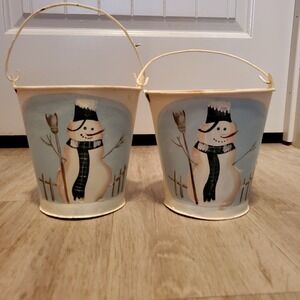 Set Of 2 Snowman Pails ● Christmas Winter Decor ● Painted ● Textured & Crackled